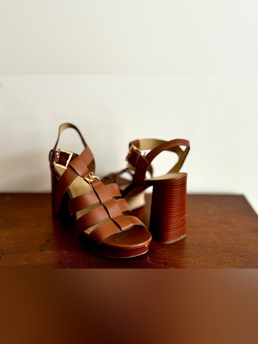 Michael Kors Brown Leather Platform Block Heel Sandals